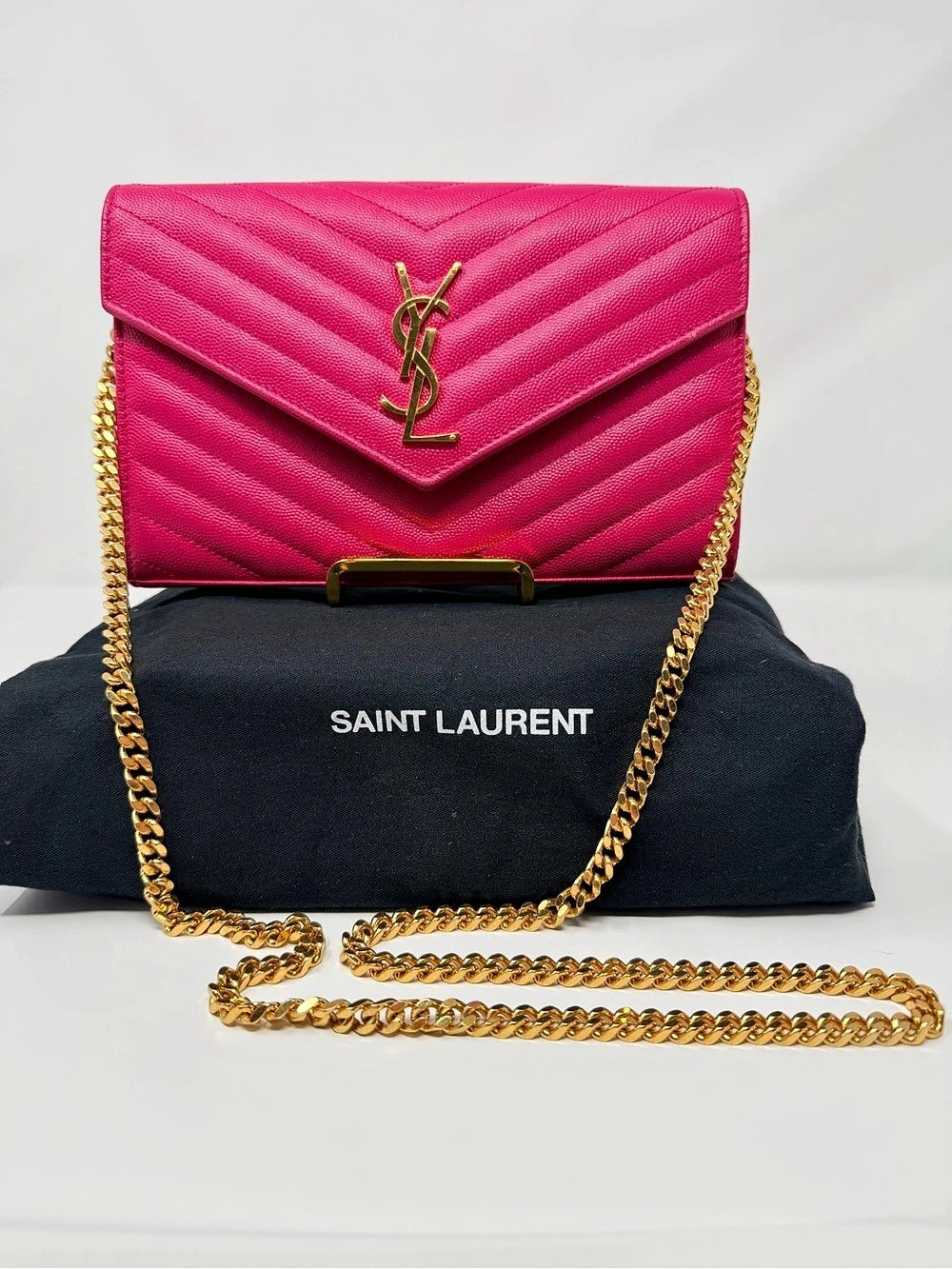Saint Laurent Cassandre Envelope Chain Wallet in Grain de Poudre Leather Pink &